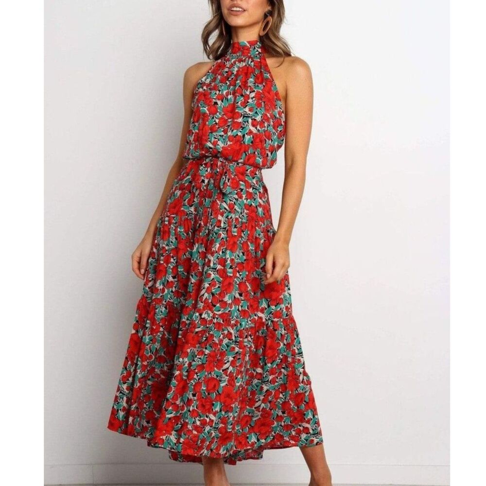 Anna Kaci, Red Poppy Halter Tiered Midi Dress, S